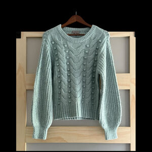 evolution by Cyrus Baby Blue Cable Knit Sweater Medium Women’s Balloon Sleeve